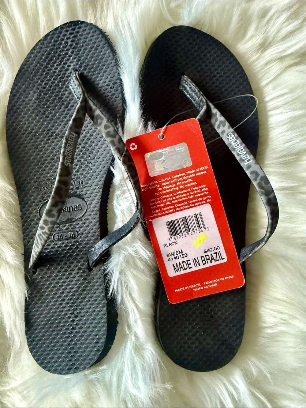 Havaianas Black Flip Flops with Grey Leopard-Print Straps